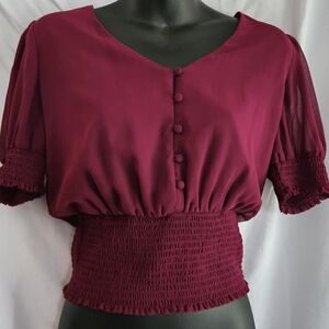 Lily White Burgundy Blouse with Smocked Waist